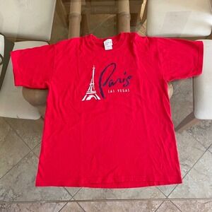 Paris Las Vegas T-Shirt Red Cotton Eiffel Tower Graphic Tee Mens Large‎